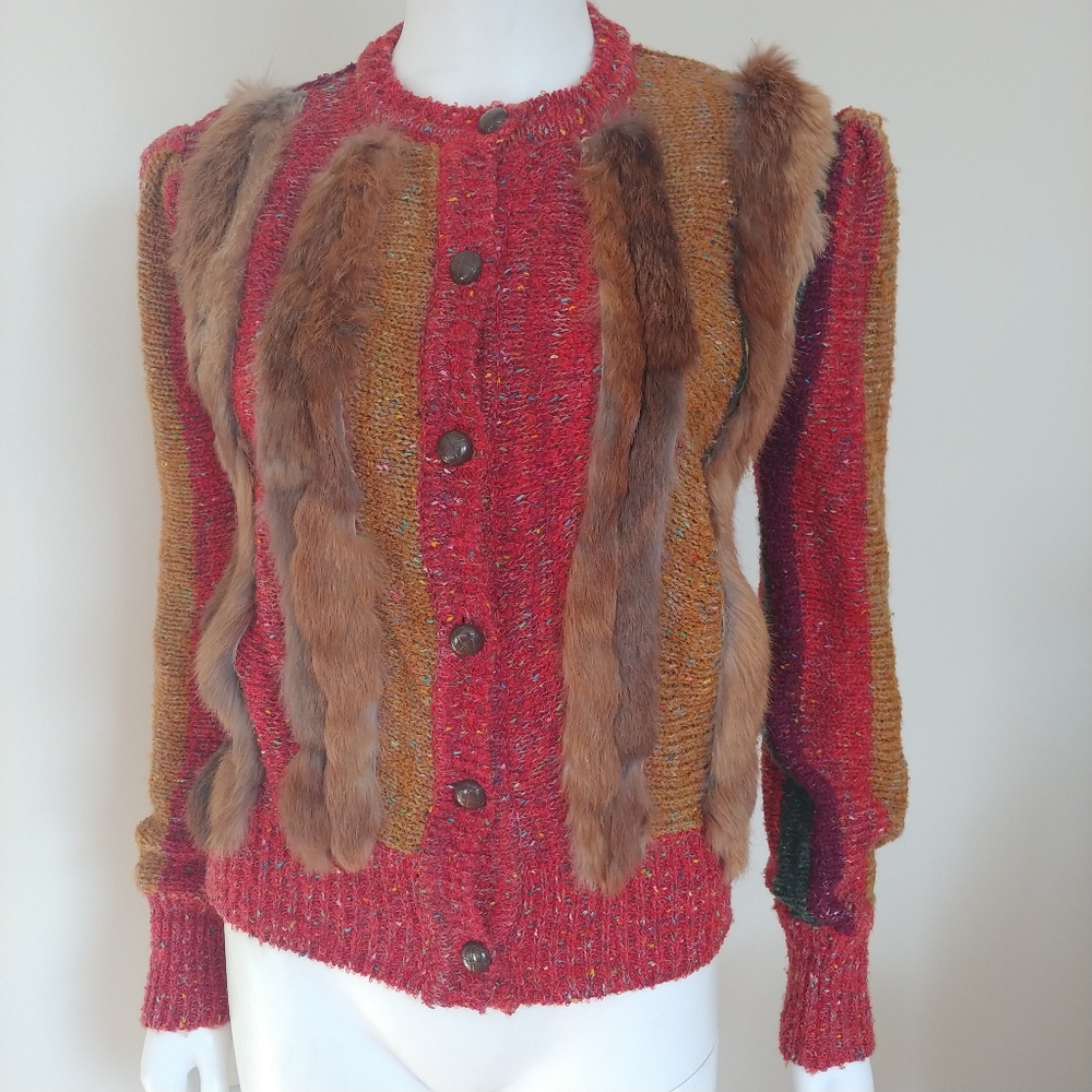 VINTAGE DESIGNER MARIEA KIM 80s FUR RETRO BOHO STRIPED CARDIGAN SWEATER S M